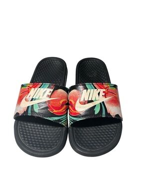 Nike Black Slide Sandals with Red & Green Floral size 8